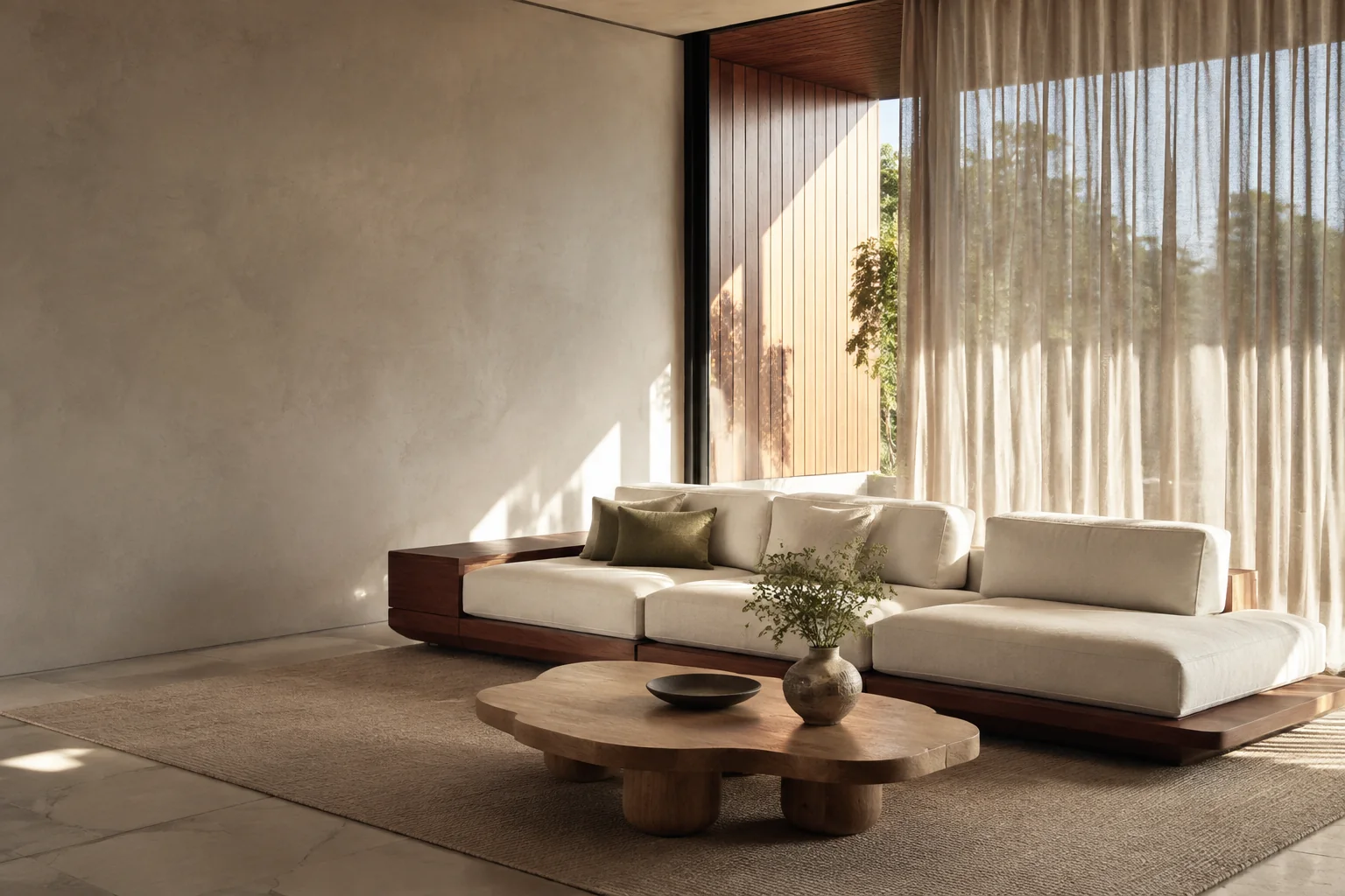 Living room concept with a warm, natural palette