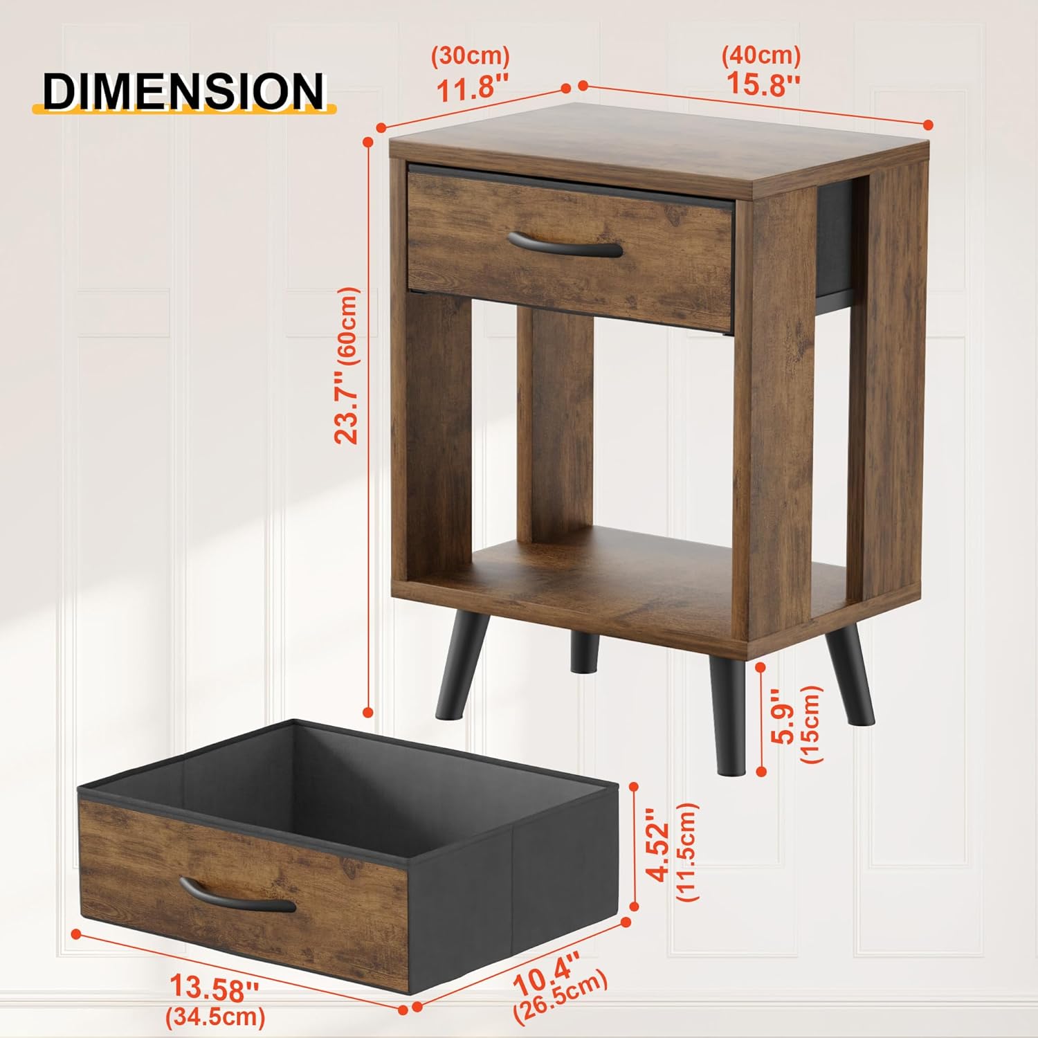Nightstand Set of 2 with Fabric Drawers and Open Shelves, Bedside Table Set - Dark Rustic Brown Bedroom Side Tables — image 3