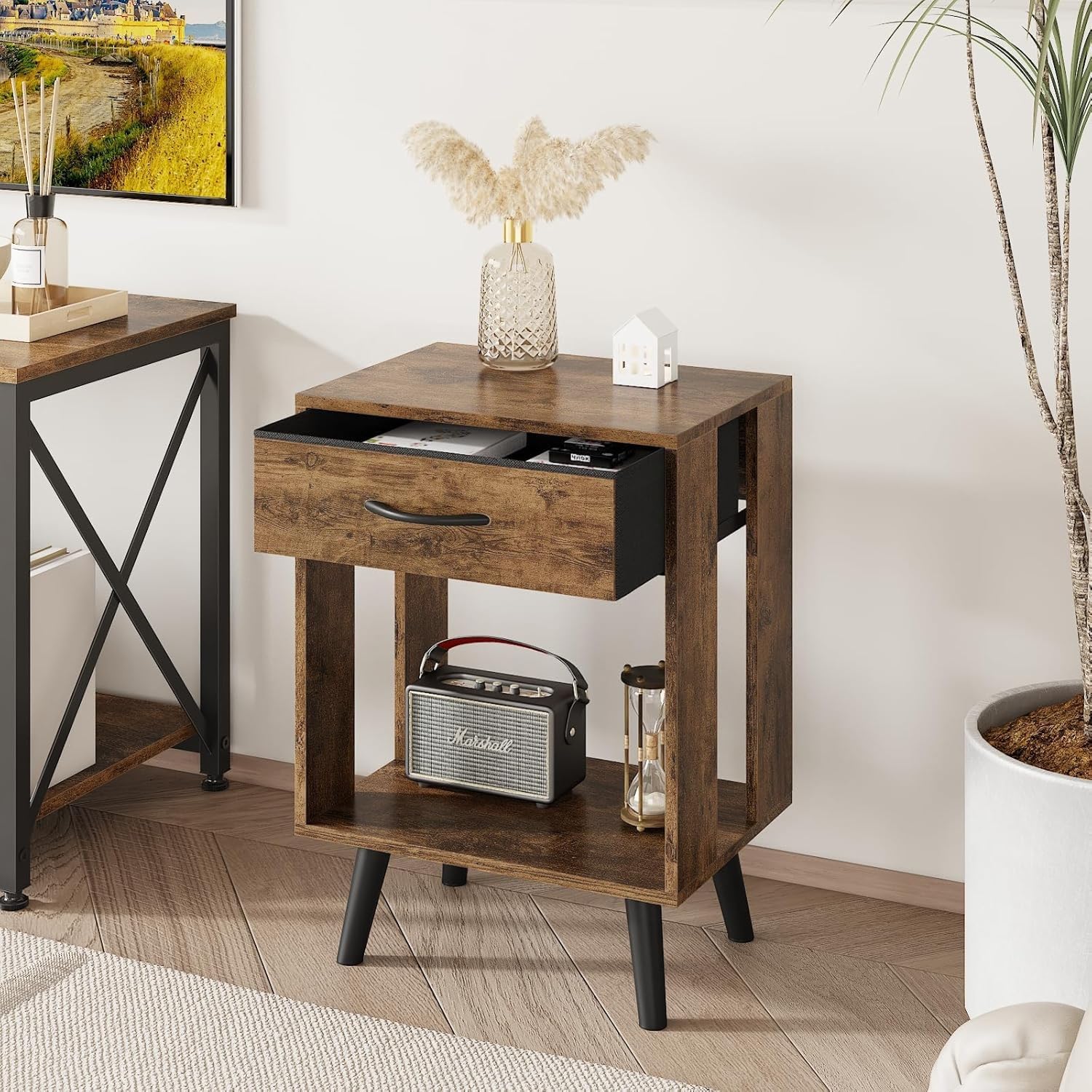 Nightstand Set of 2 with Fabric Drawers and Open Shelves, Bedside Table Set - Dark Rustic Brown Bedroom Side Tables — image 5