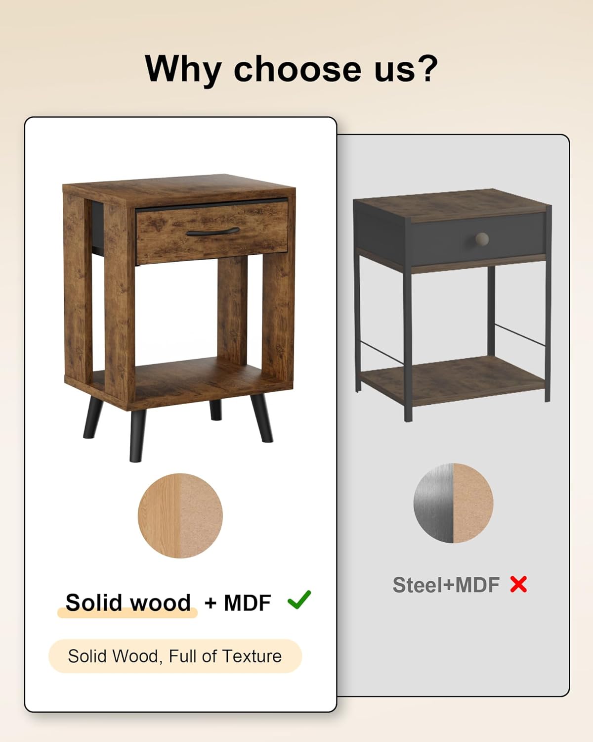 Nightstand Set of 2 with Fabric Drawers and Open Shelves, Bedside Table Set - Dark Rustic Brown Bedroom Side Tables — image 4