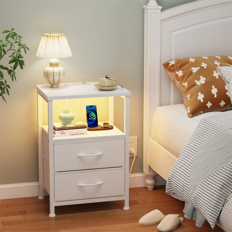 NS017_ Double-drawer two-layer bedside table, white