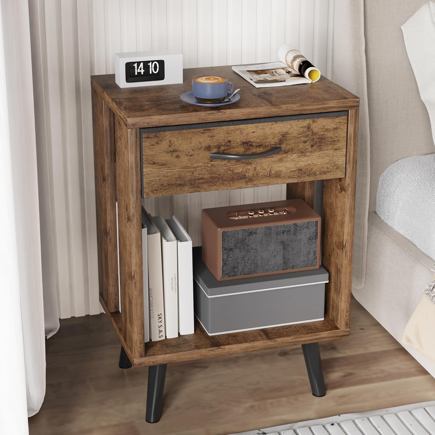 Nightstand Set of 2 with Fabric Drawers and Open Shelves, Bedside Table Set - Dark Rustic Brown Bedroom Side Tables — image 7
